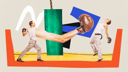 Poster. Contemporary art collage. Modern creative artwork. Young strong men dressed vintage sporty cloth with boxing gloves. One man fights with long arms.