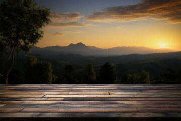 A picturesque scene wooden table with a sunset, sky, tree, mountains