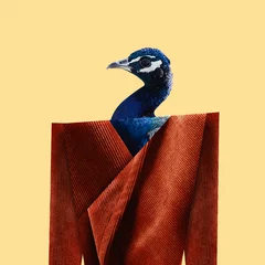 Fotobehang Head of peacock in elegant, retro, orange jacket over yellow background. Vintage style. Contemporary art collage. © Lustre