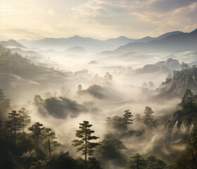 Forest landscape scene in morning with sunlight