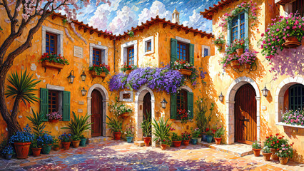 Fototapeta na wymiar Beautiful house surrounded by flowers, mediterranean architecture oil painting on canvas.