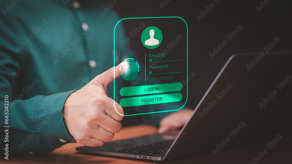 Poster Adult user man login with fingerprint scanning technology in the computer laptop. Secure encryption and access to the user's private information to access the internet.