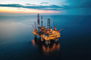 Aerial View of Offshore Oil Rig During Sunset Over Ocean - obrazy, fototapety, plakaty