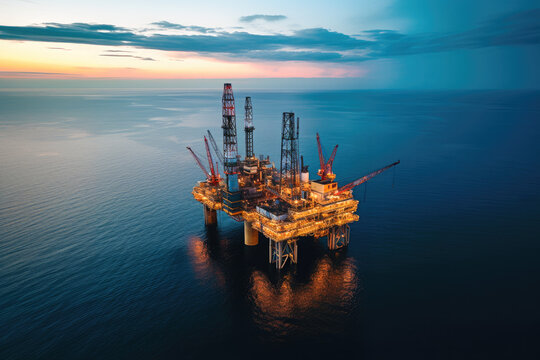 Aerial View of Offshore Oil Rig During Sunset Over Ocean