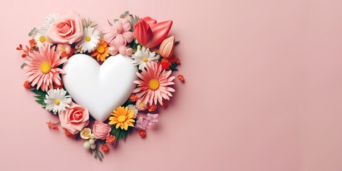 flowers arranged in a heart shape on a pink background. generative AI