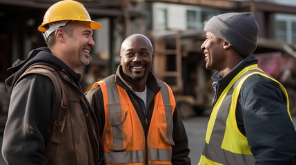 Diverse group of construction workers with friendly conversation on professional construction site. Strong partnership and good relationships with their colleagues. Diversity and equality in workplace - obrazy, fototapety, plakaty