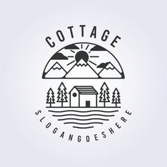 forest cottage logo, tourism cabin icon symbol vector illustration template badge design