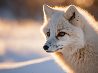 Obraz premium Arctic fox on the snow at sunset. Generative Ai