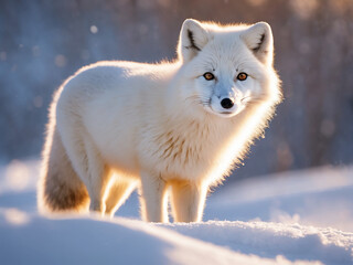 Obraz premium Small cute arctic fox on the snow at sunset. Generative Ai