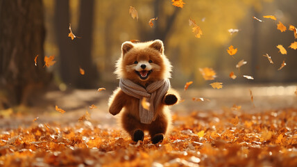 cartoon plush cute fox runs in leaf fall on autumn leaves a view of wild nature joy of change, dynamic scene of flying leaves