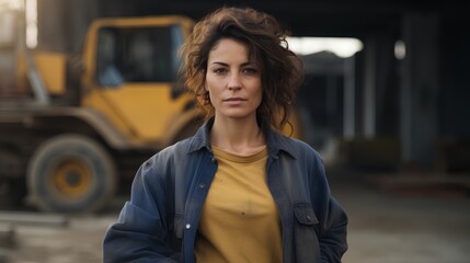 Fototapeta premium Strong and confident woman construction site worker, breaking gender stereotypes. Professional, skilled, and talented in building process.Competence and expertise in traditionally maledominated field