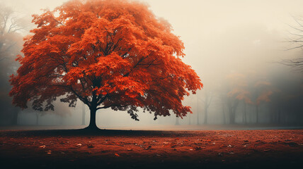 a lonely tree in autumn colors landscape of a foggy park view on a quiet October morning