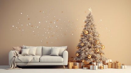  a living room with a christmas tree and presents on the floor.  generative ai