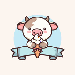 Ice cream logo vector. Cute cow licking and ice cream. full color.