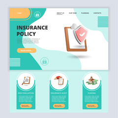 Insurance policy flat landing page website template. Risk evaluation, insurance audit, funeral. Web banner with header, content and footer. Vector illustration.