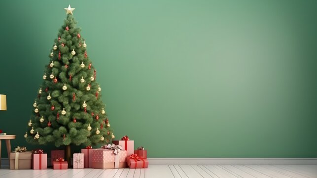  a christmas tree with presents under it in front of a green wall.  generative ai
