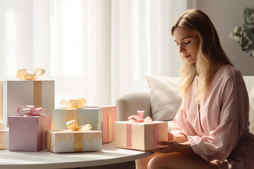 Fototapeta na wymiar Woman opening gift boxes in her living room