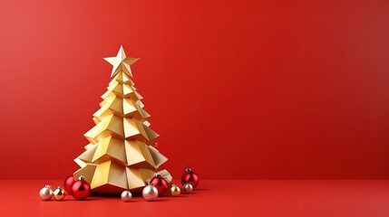  a golden christmas tree surrounded by ornaments on a red background.  generative ai