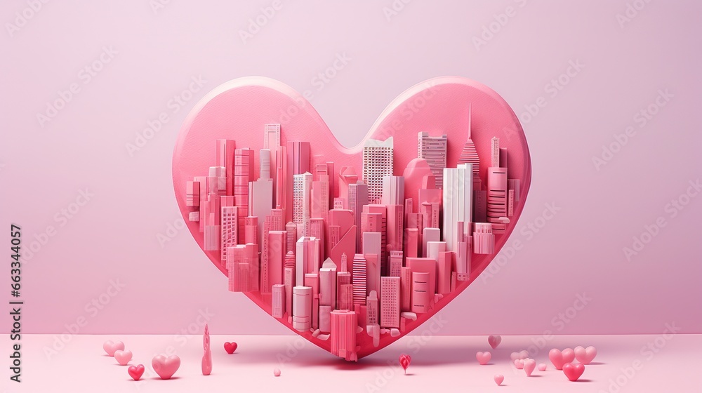 Poster a heart shaped object with a city in the middle of it. generative ai