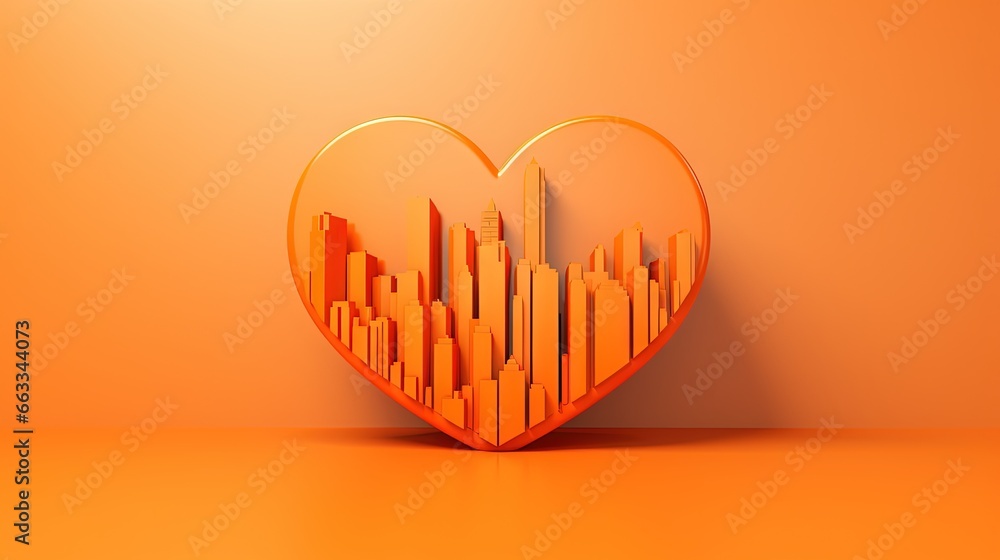 Poster a heart shaped object with a city in the middle of it. generative ai