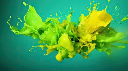  a green and yellow liquid splashing on a blue background.  generative ai