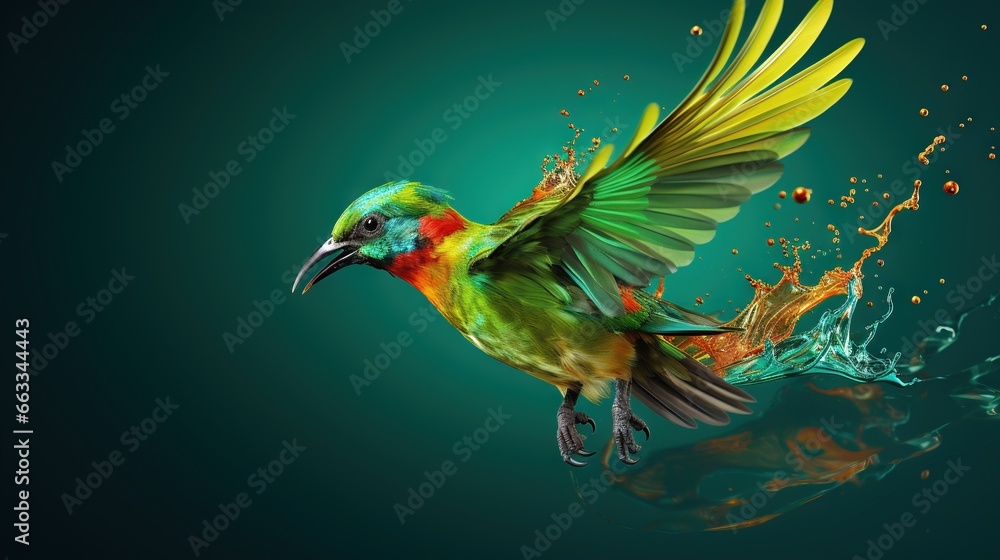 Poster a colorful bird with its wings spread out and splashing water. generative ai