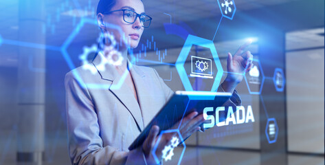 SCADA Supervisory Control And Data Acquisition. woman using augmented reality virtual screen.