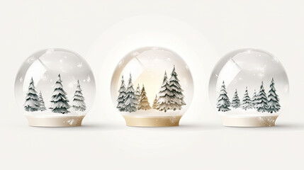 Christmas glass ball holiday ornaments. Festive winter compositions inside the transparent spheres. Set of Realistic 3d Christmas snow globe. Xmas decoration design