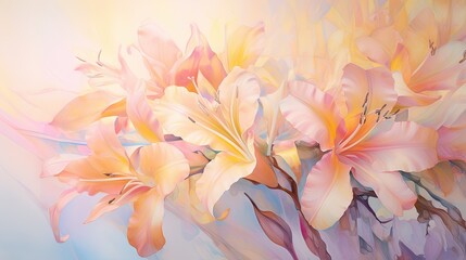  a painting of pink and yellow flowers on a blue background.  generative ai