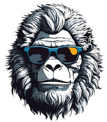 Stylish Yeti with sunglasses, monochrome portrait illustration