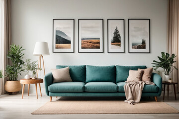 Teal sofa and modern picture frames on the wall. Scandinavian home interior design of modern living room.