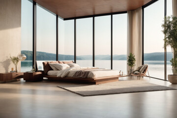 This modern, minimalist bedroom has a large glass wall that looks out onto a beautiful lake.