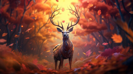 Graceful deer amidst vibrant autumn forest painted in shades of orange and golden hues, autumn symbol of changing seasons and the forest enduring spirit in serene ambiance of enchanting forest