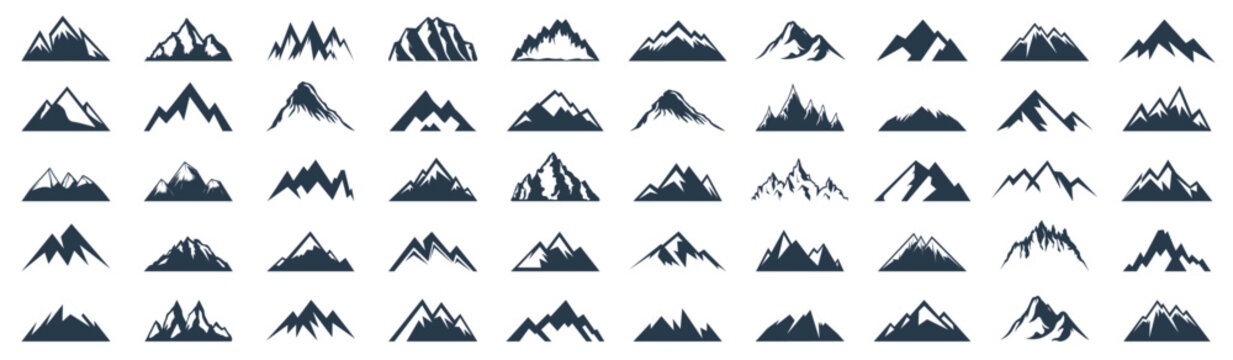 Mountain logo collection. Set of mountains icons isolated. Blue peak logo mountain icons. Set of mountain silhouette