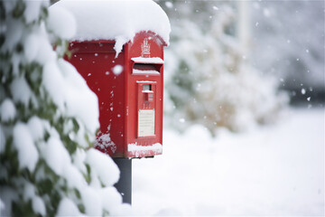red mailbox on a snowy day covered in snow in winter