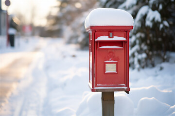 red mailbox on a snowy day covered in snow in winter - Powered by Adobe