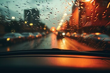 Raindrops on the car window, city in the bokeh background. Generative AI - obrazy, fototapety, plakaty