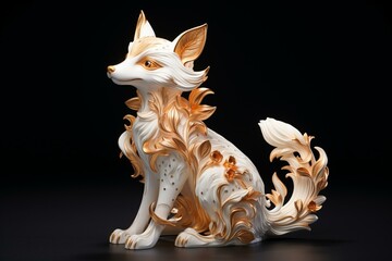 Beautiful 3D fox sculpture in jellycat style, adorned with rococo accents and illuminated against a glossy dark backdrop - a breathtaking memento. Generative AI