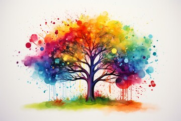 Illustration of a vibrant and colorful watercolor painting of a tree with a rainbow theme. Generative AI