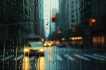 A rainy day seen through the window, city in the background. Generative AI - obrazy, fototapety, plakaty