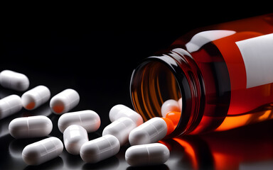 White medical pills spilling out of a drug bottle on black background