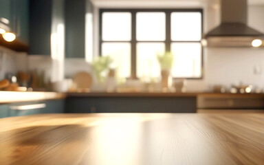 Empty wooden table with blured kitchen interior background - 663345896