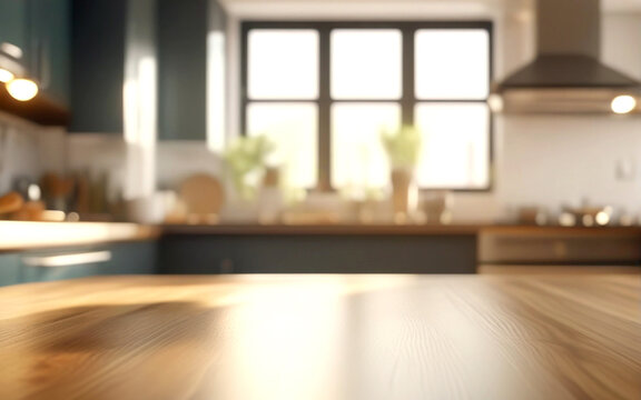 Empty wooden table with blured kitchen interior background
