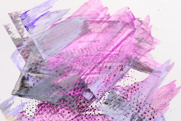 Abstract purple background. Multi-color brush strokes and paint spots on white paper, bright contrasting background.