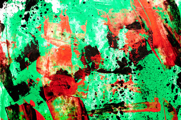 Abstract green red background. Multicolor brush strokes and paint spots on white paper, bright contrasting background