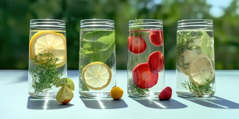 photo of infused water with various fruit flavors. generative AI - obrazy, fototapety, plakaty