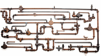 Naklejka premium isolated on a white background is a wall with pipes, a water supply system, a complex supply system, a gas pipeline, a fuel pipeline, valves and switches