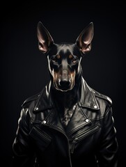 Brutal dog dressed in a leather jacket on a dark background