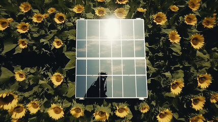 solar panels in the field of sunflower flowers