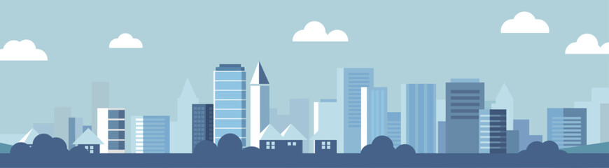 Vector urban building skyline bakground illustration with clouds and building and house 